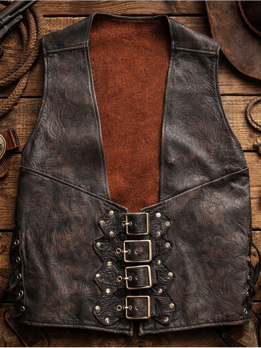 Vintage Leather Vest Brown Black Distressed Buckle Biker